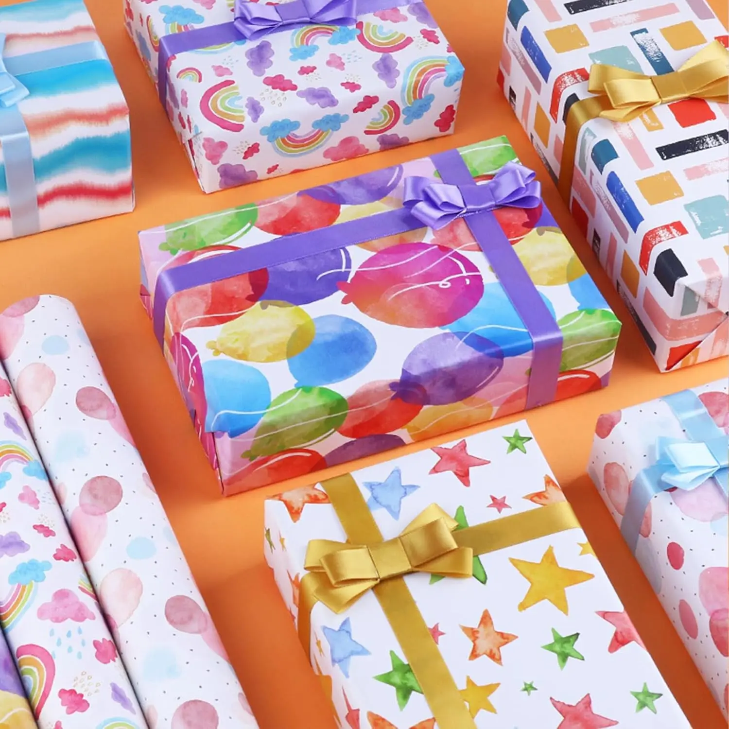 6 Sheets Gift Wrapping Paper with 2 Ribbon, Happy Birthday Gift Wrapping Paper 50 x 70cm Recyclable Gift Wrap for Girls Kids