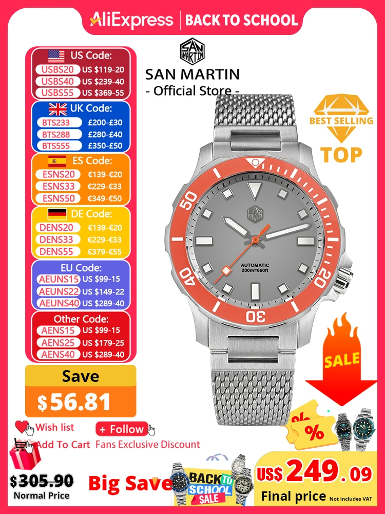 San martin design original mergulhador 39.5mm v2 relógio masculino nh35 relógio mecânico automático pulseira milanesa à prova dwaterproof água 200m luminoso