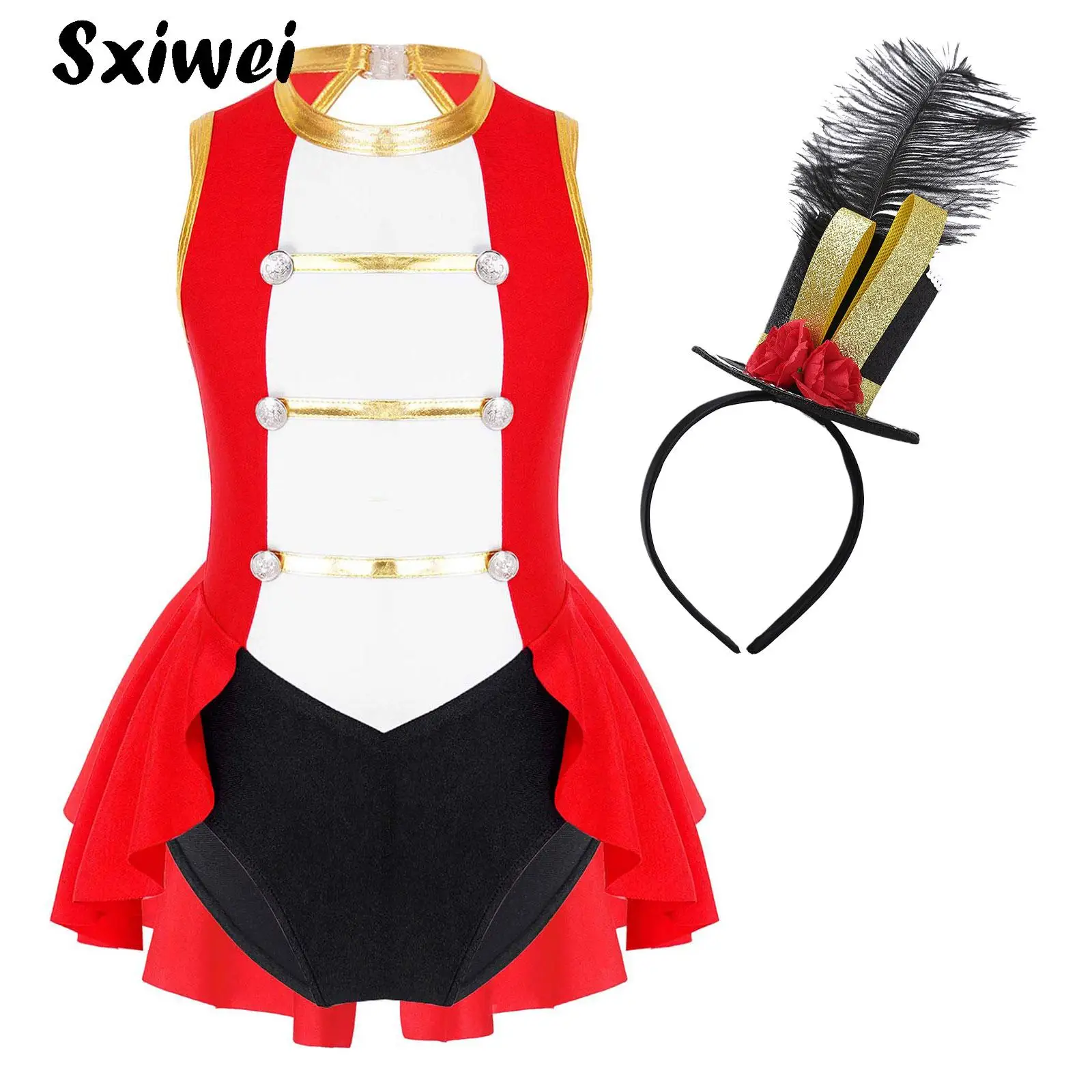 Kids Girls Circus Ringmaster Magician Costume Leotard Dress Bodysuit And Hat Magic Wand Gloves Halloween Lion Tamer Performances