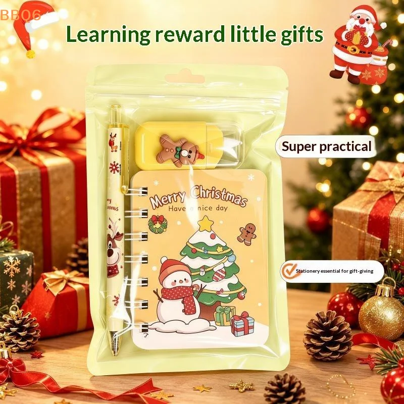 *Christmas Stationery Set 3 In 1 Notebook Gel Pen Christmas Keychain Santa Snowflake Design Kids Gift