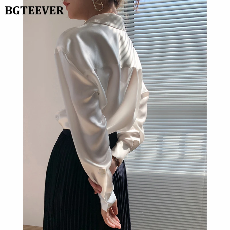 BGTEEVER Autumn Satin Shirts for Women Single-breasted Loose Blouses Female Turn-down Collar Full Sleeve Ladies Shirts Elegant