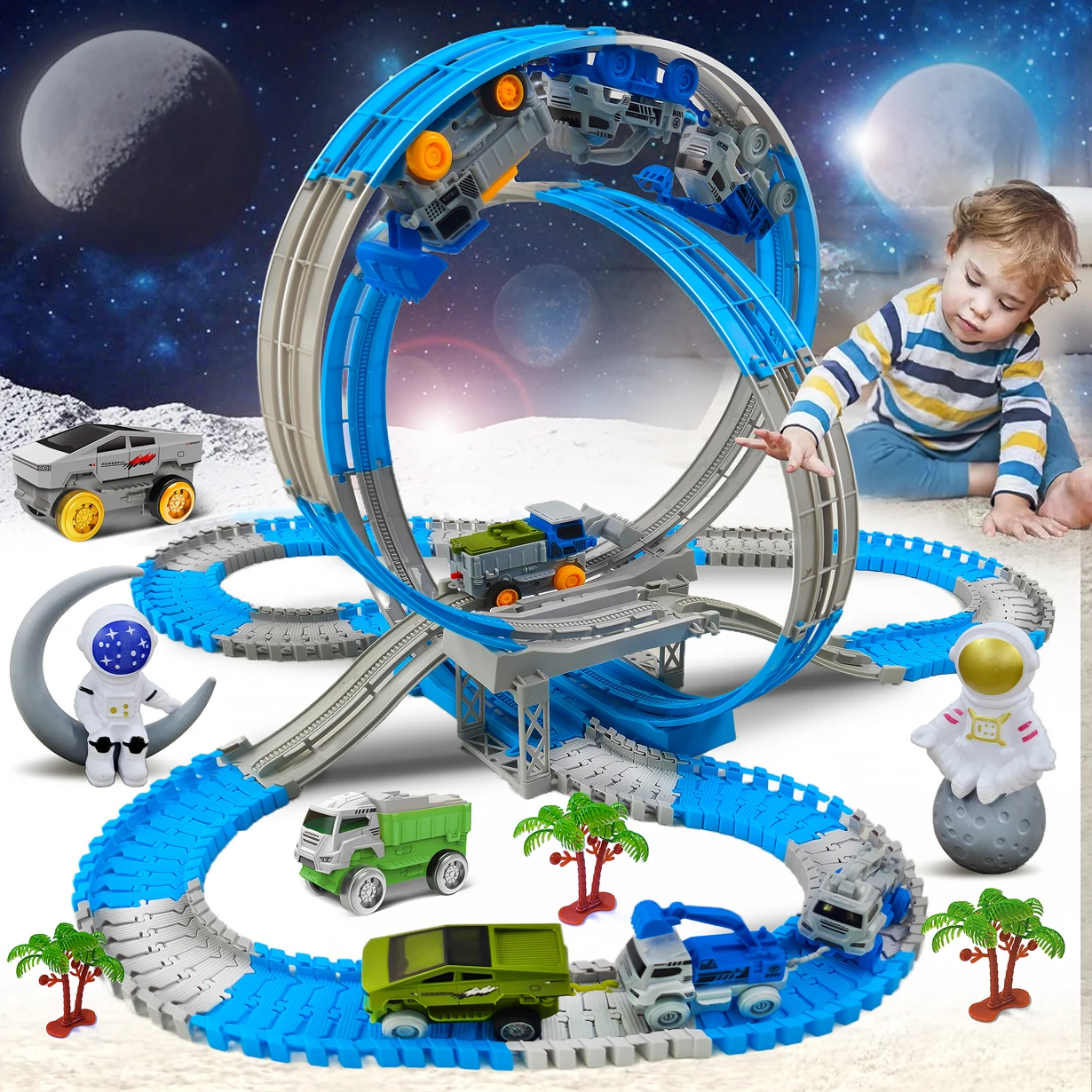 Magic Climbing Electric Race Car Toy with Bendable Flexible Track Space Theme Engineering Train for Kids Gift