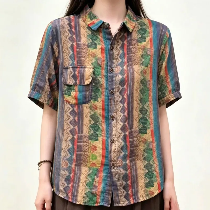Boho Ethnic Women Summer Striped Print Shirt Cotton Lapel Short Sleeve Loose Casual Blouse