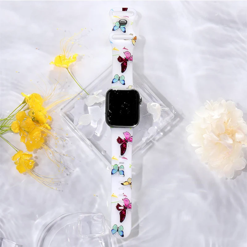 حزام الأزهار المطبوعة لساعة أبل الترا 49 مللي متر 41 42 38 45 44 40 مللي متر الفرقة سيليكون سوار ل iWatch سلسلة 9 8 7 SE 6 5 4 3