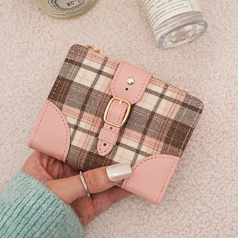 Korean Style Plaid Woolen Fabric Splicing Two Fold Short Wallet Women's Belt Decoration Zipper Buckle Multi Card Slot Coin Purse