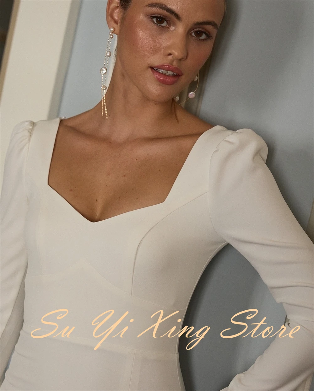 Customized  Graceful Square Collar Long Sleeves Evening Dress Delicate Buttons Back Celebrity Gowns Classic Side Slit P