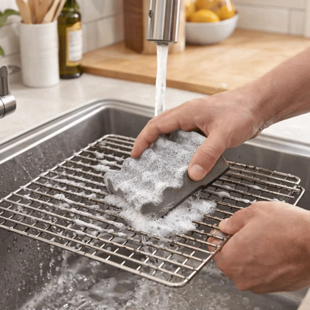 Double-Sided Rust-Removing Sponge Wave Design Household Barbecue Grill Brush Rust Removal Barbecue Brush Baking Tray