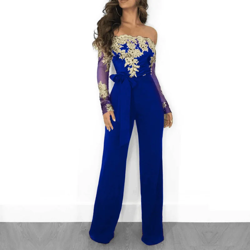 Appliques Lace Patchwork Jumpsuit Women Sexy Off Shoulder Slash Neck Long Sleeve Elegant Wide Leg Pants Jumpsuit Party Overalls