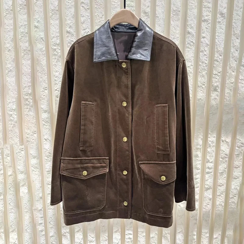 

Высококачественная женская коричневая бархатная куртка с свободным лоскутным воротником Barn Sle, ретро-тренд, осеннее новое поступление, женская верхняя одежда