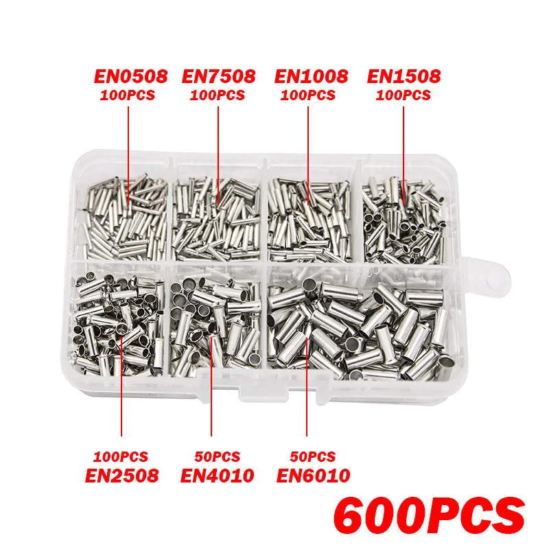 600Pcs 0.5-6.0mm2 Uninsulated Copper Terminal Bootlace Ferrules Cord End Electrical Cable Crimp Terminals