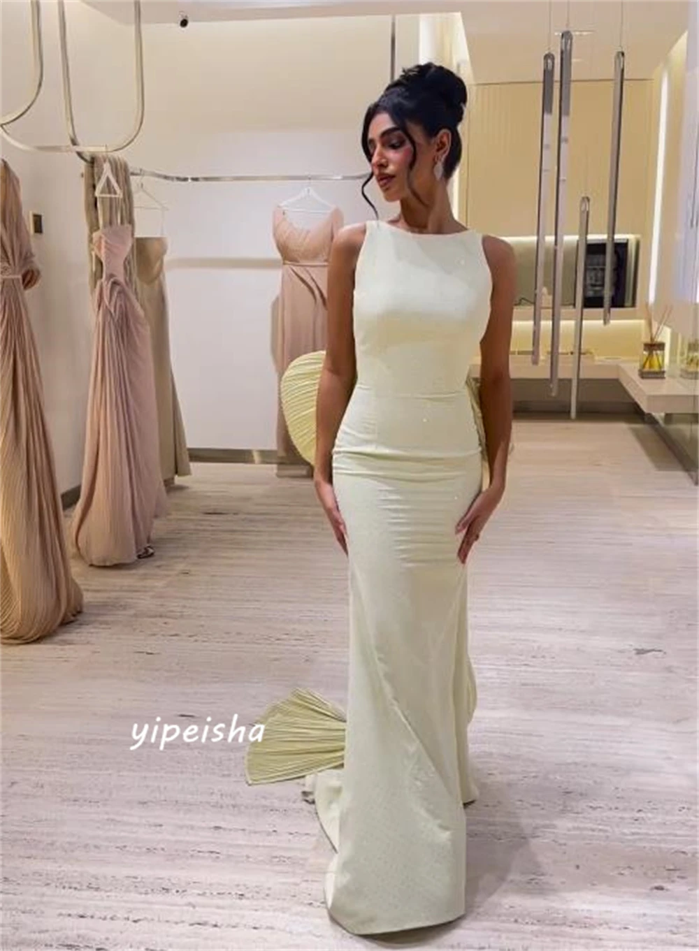 Customized Sexy Sexy Casual Jewel Sheath Quinceanera Open Back Bows Draped Floor Length Skirts Charmeuse Evening
