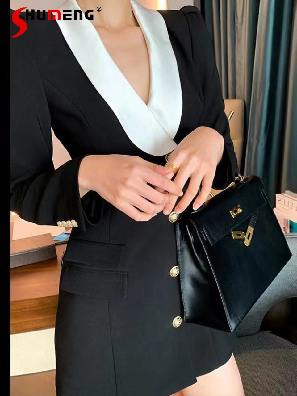 2024 Spring Winter Light Luxury Women's Clothes Fashion Color Contrast Elegant Slim Fit Long Sleeve Suit Jacket Slimming Blazers