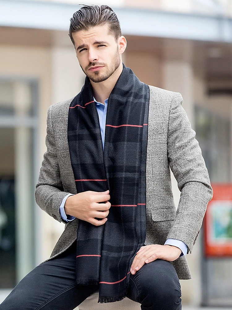 hengyuanxiang-メンズ厚手シルクスカーフ-ビジネスカジュアルチェック柄冬用暖かいネックウォーマー-男性用ファッショナブルなアクセサリー