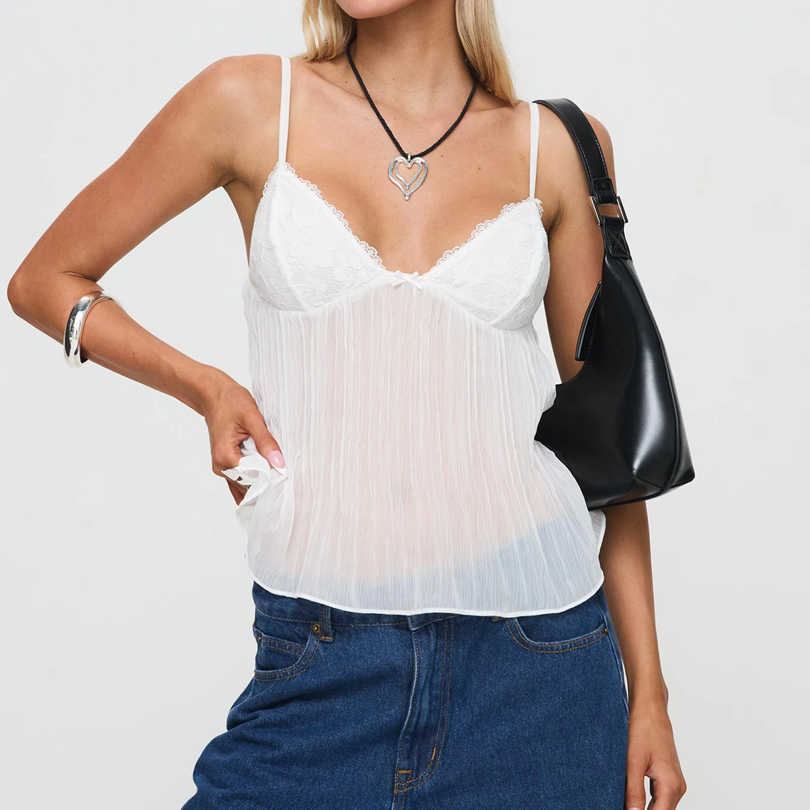 Hirigin Donna Y2k Spaghetti Strap Canotta Crop Top Mesh See Through Slim Fit Canotta Camicia per uscire Canotte Top Streetwear