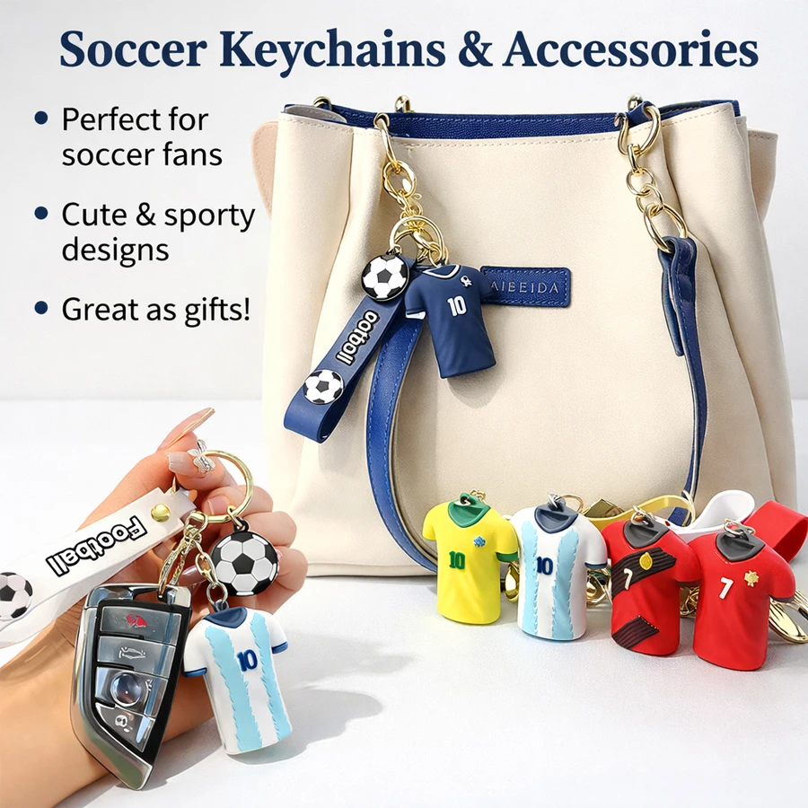 Mini Soccer Jersey Keychain, 3D Football Shirt Key Ring with Soccer Ball Charm, Cute Sports Bag Pendant for Soccer Fans