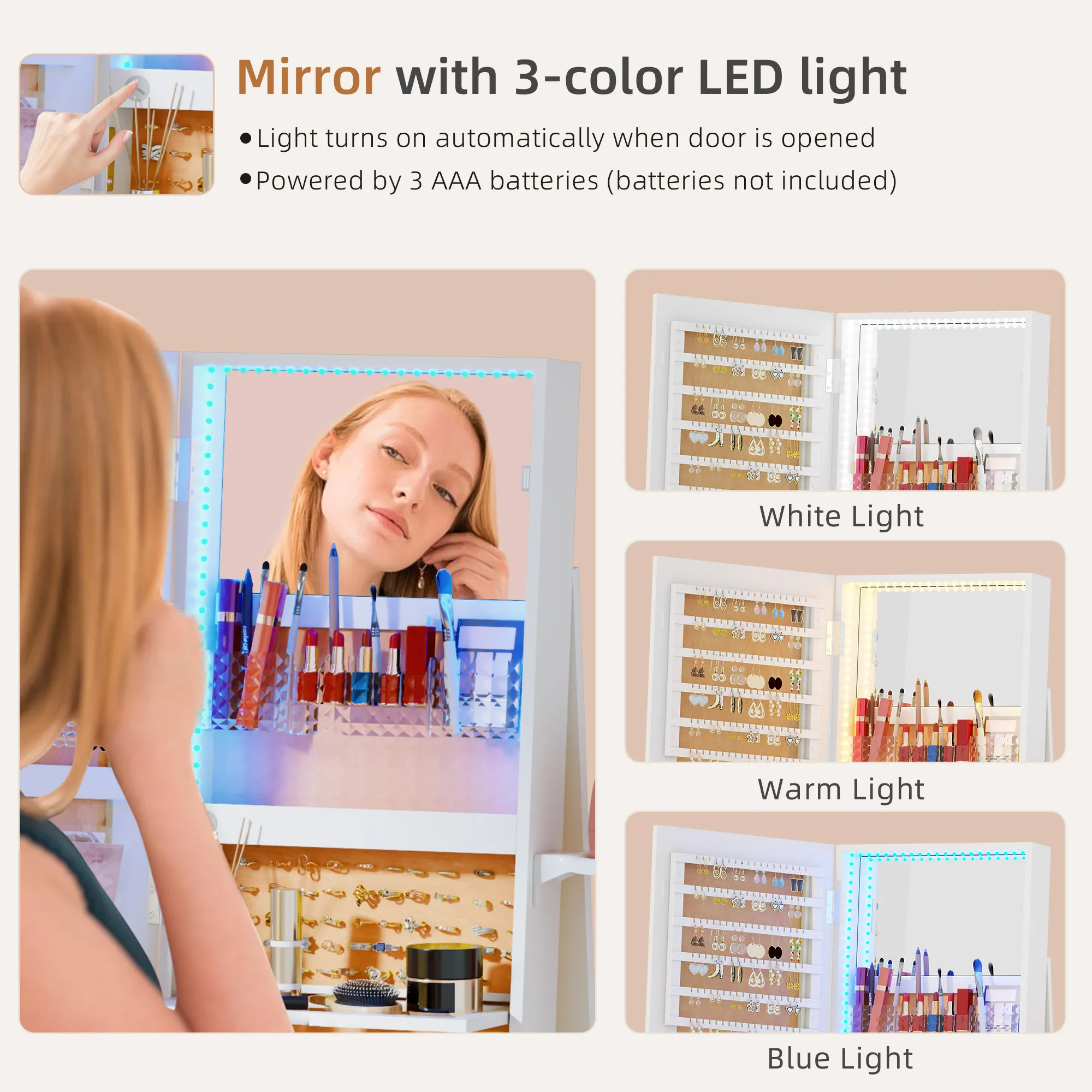 مرآة كاملة الطول مع مساحة تخزين المجوهرات، 360 درجة °   منظم خزانة المجوهرات الدوارة مع أضواء، خزانة مجوهرات بمرآة قابلة للقفل