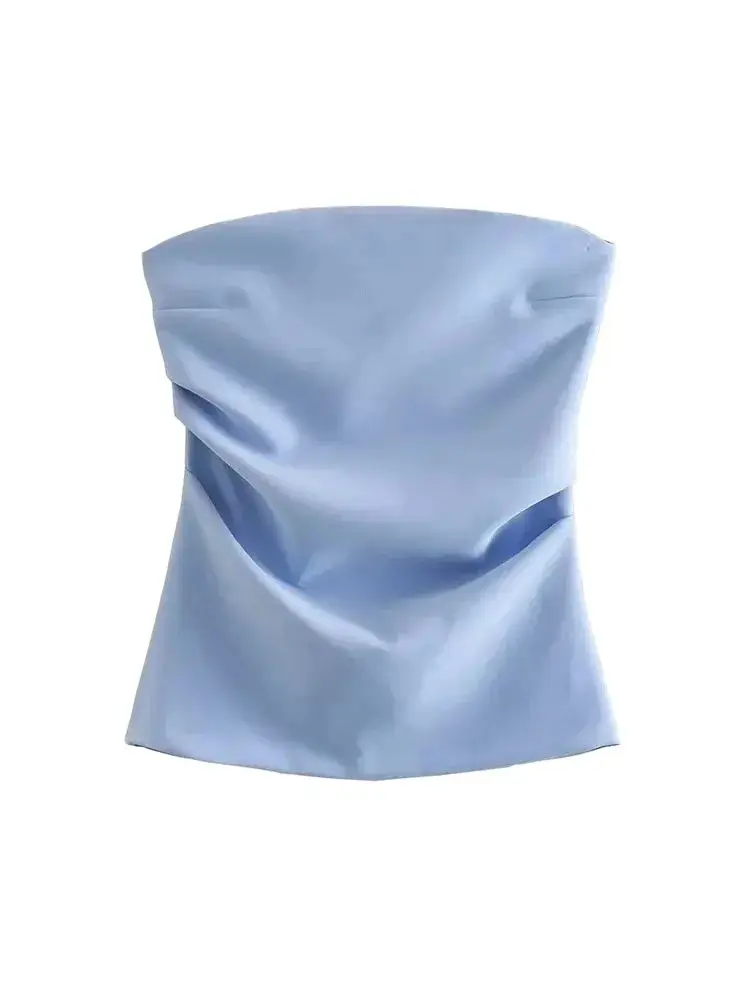 Strapless Draped Bustier Tops for Women, Straight Neck, Back Zipper, Female Camis, Fashion