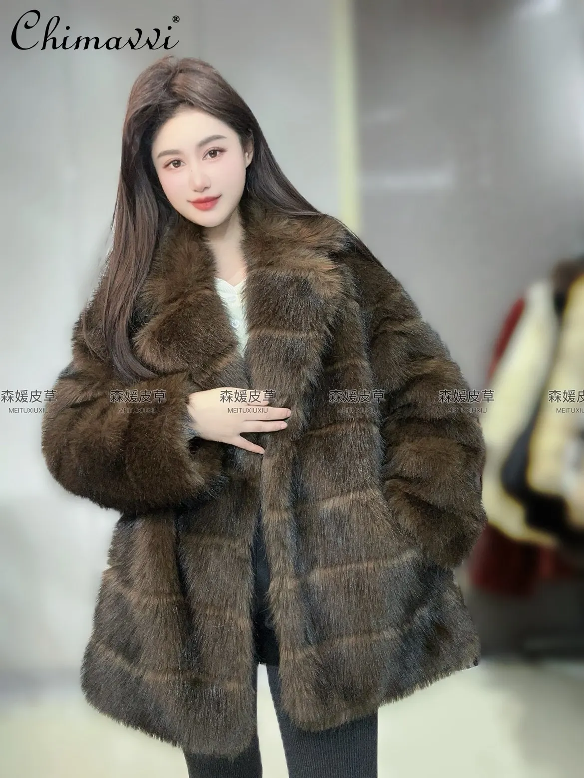 2025 겨울 의류 신상 패션 긴 소매 퍼 코트 슈트 칼라 루즈 두꺼운 따뜻한 긴 소매 우아한 여성 재킷