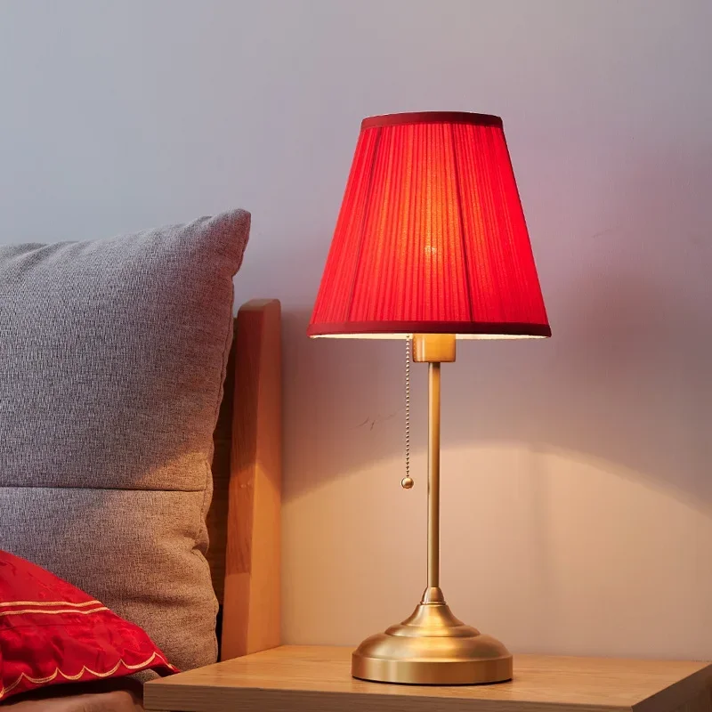 Modern LED Red Cloth Bedroom Bedside Table Lamps Home Decor Dining Table Lighting Nordic Pull-switch Vintage E27 Study Desk Lamp