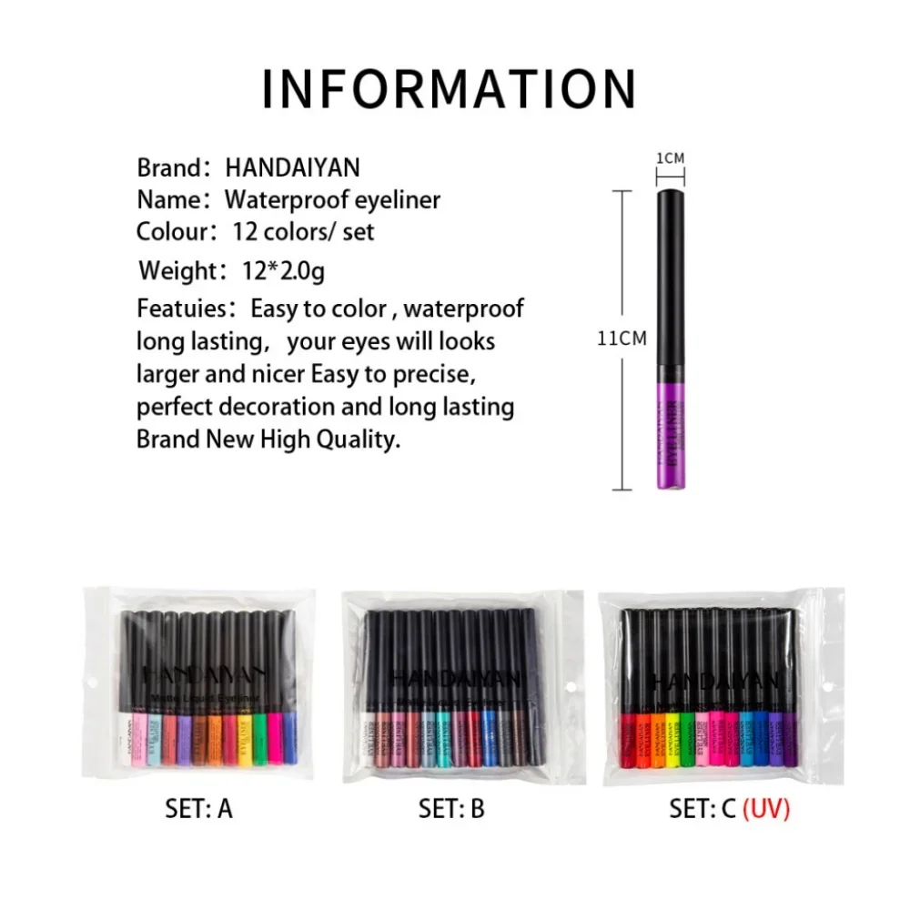 Ensemble de stylos Eyeliner colorés imperméables, fluorescents, mats, longue durée, 24 heures, pour décoration de maquillage du visage, 12 pièces