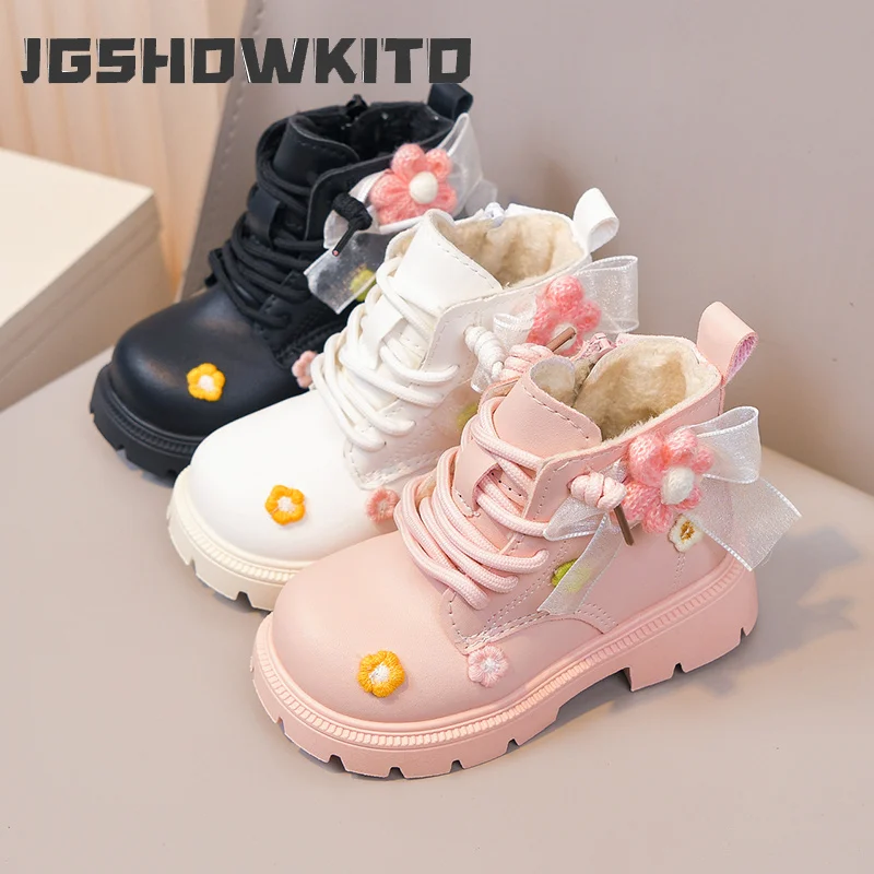 JGSHOWKITO Girls Embroidered Ankle Boots Sweet Princess Catwalk Children Fashion Boots with Bowknot Elegant Kids Platform Boots