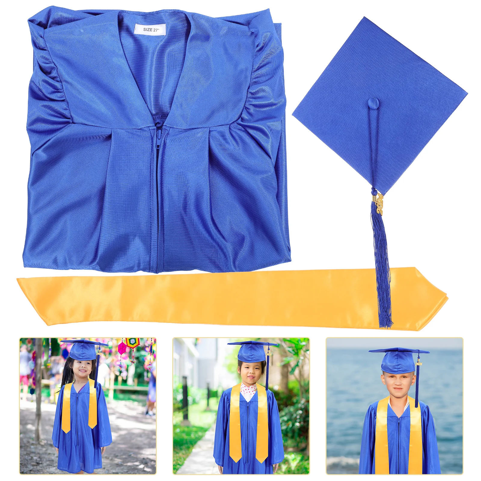 

2024 Kids Graduation Cap Gown Set School Dress Hat Shawl Blue Durable Polyester Center Pleating Concealed Zipper Pendant For