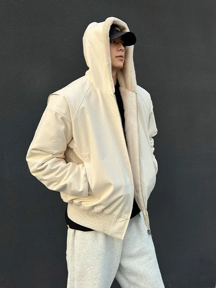 

Men's Hooded Lamb Fur Jacket Thickened Fleece Cotton Coat Warm Casual Style Polyester Fiber Long Sleeve Zipper Closure Pure C...