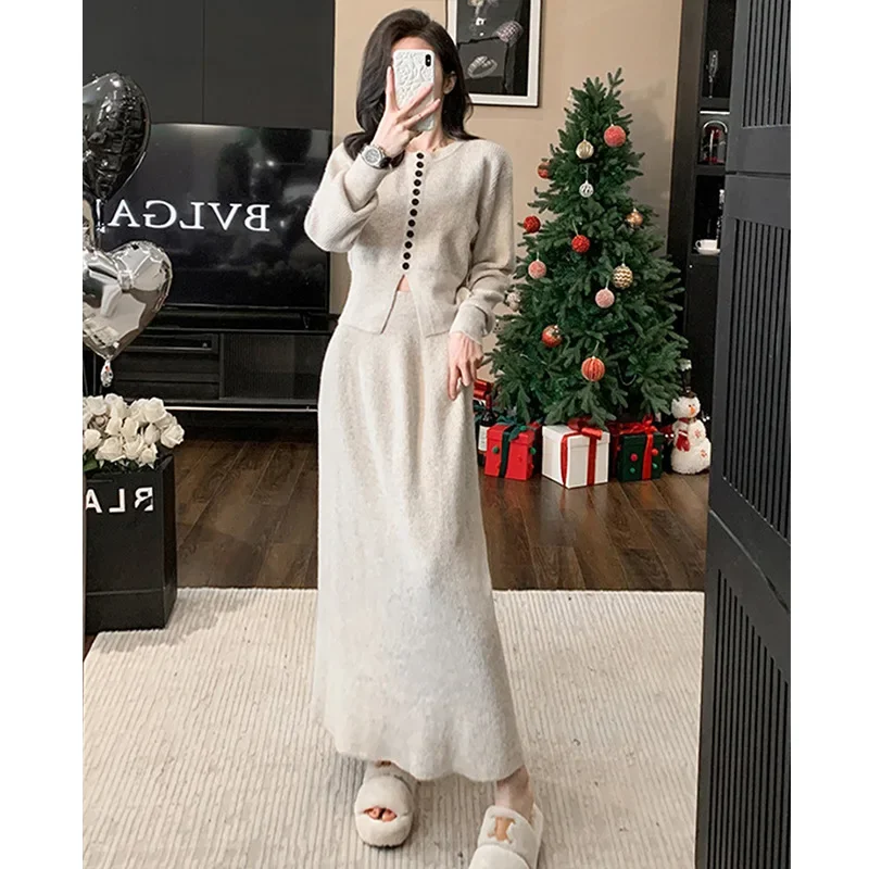 Neploe Korean Elegant Knitted Two Piece Suits Femme 2024 Autumn Winter Simple Solid Color O-Neck Cardigan High Waist Skirts