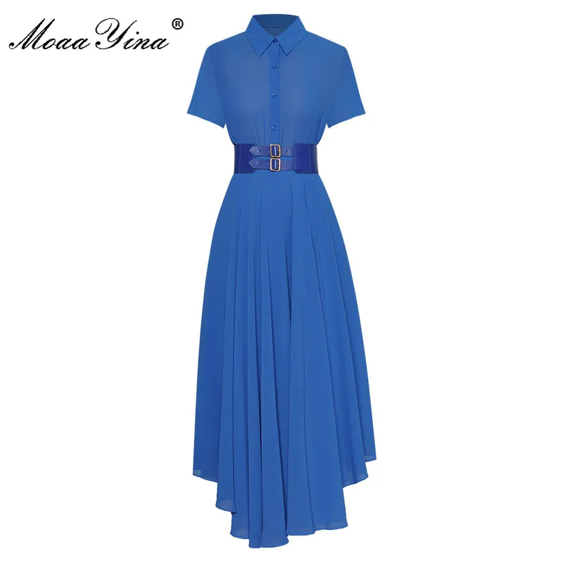 MoaaYina Fashion Runway Summer Blue Skirts Set Women's Turn-down Collar Single-breasted Shirts＋Sashes Asymmetrical 2 Pieces Suit