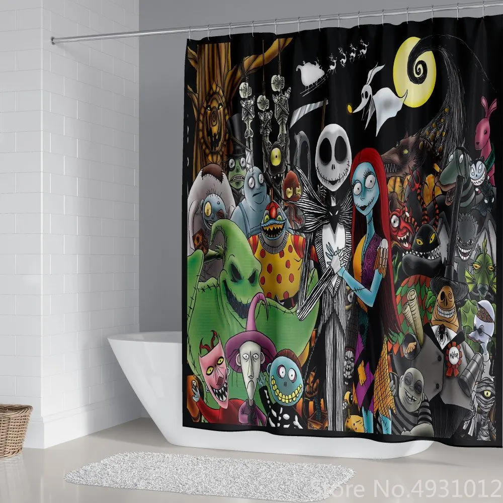 

Anime Nightmares Before Christmas Shower Curtain Jack Sally Bathroom Waterproof Bath Halloween Decoration With Hooks