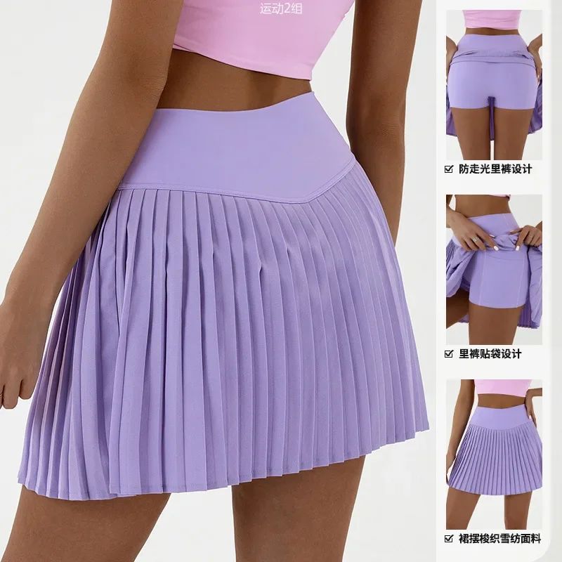 European and American pleated skirt yoga high waist anti-light tennis skirt double layer non-slip solid color badminton golf