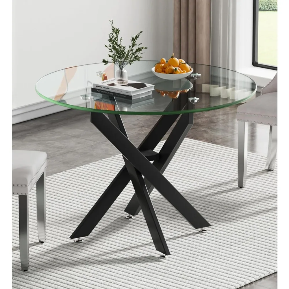 

36" Round Dining Table for 4, Modern Clear Glass Kitchen Table for 4 with Black X Metal Legs, Contemporary Small Circle Dining R