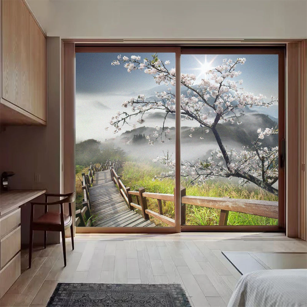 

Glass Window Privacy Frosted Film Morning Mountain View Pattern Window Sticker No Glue Removable Heat Control Glass Door Flim