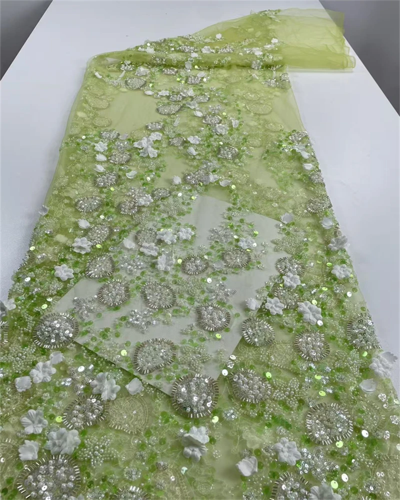 Alta qualidade africano francês tule tecido de renda lantejoulas bordado frisado para casamento nigeriano noivo