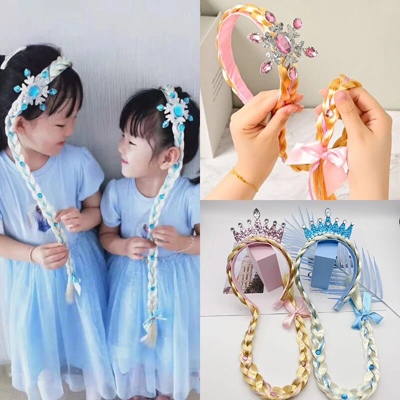 Child Long Braid Wigs Headband Princess Crown Hairpiece Rapunzel Wig White Braid Girls Fancy Hair Dress For Girls Toddler