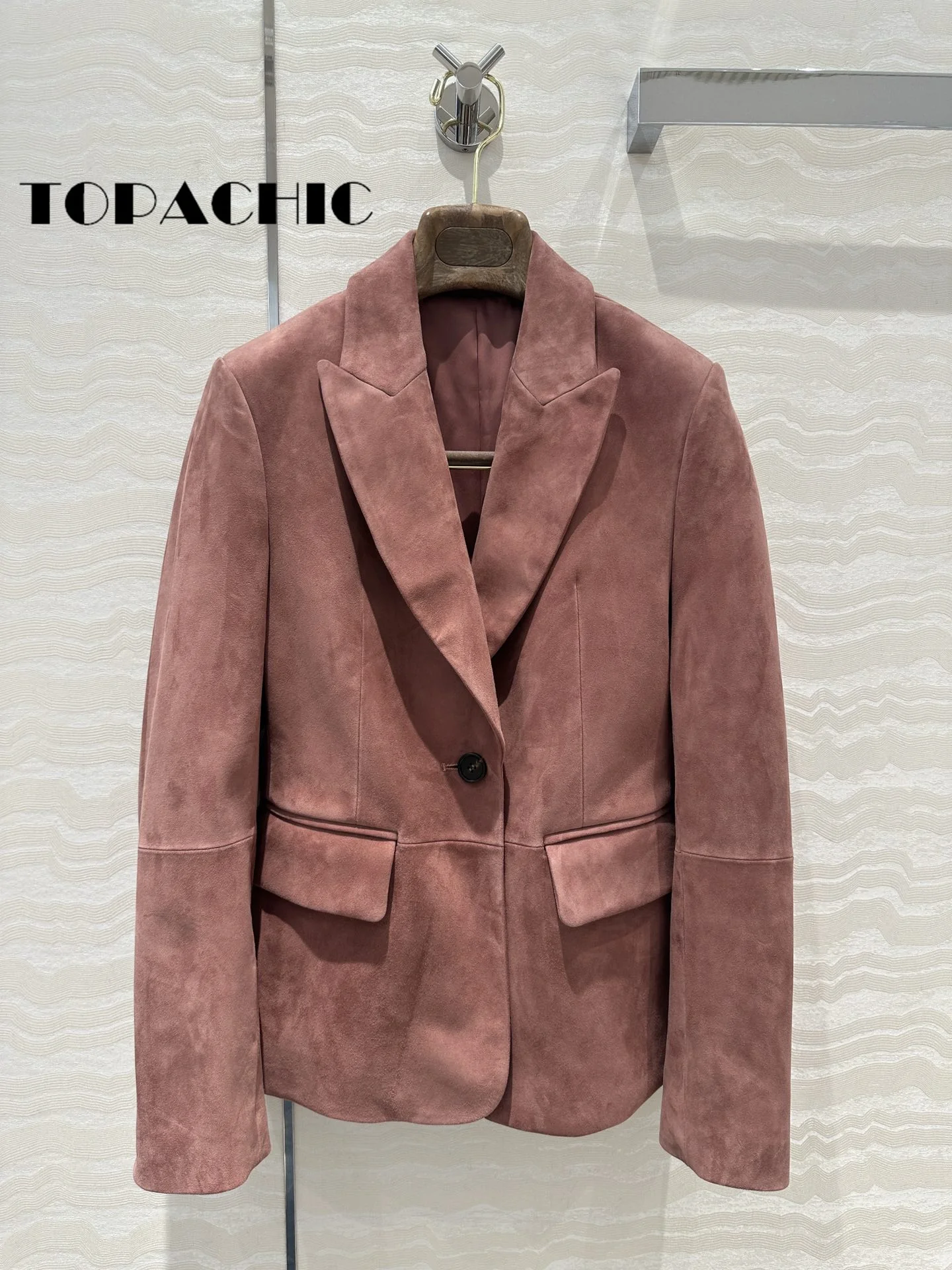 7.30 TOPACHIC Women\'s Fashion Cow Suede Bead Chain Single Button Blazer Bead Chain Collar Spliced Collect Waist Jacket