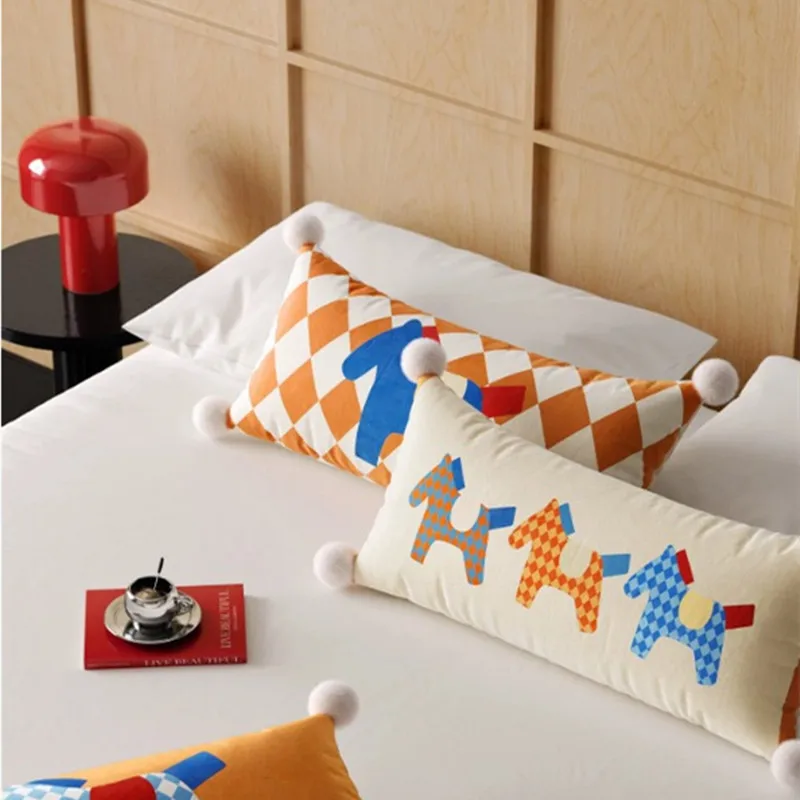 Velvet Long Throw Pillow Cover 30x70cm Cute Checkered Horse Decorative Lumbar Cushion Cover with Pom Pom Ball Kids Cartoon Deco