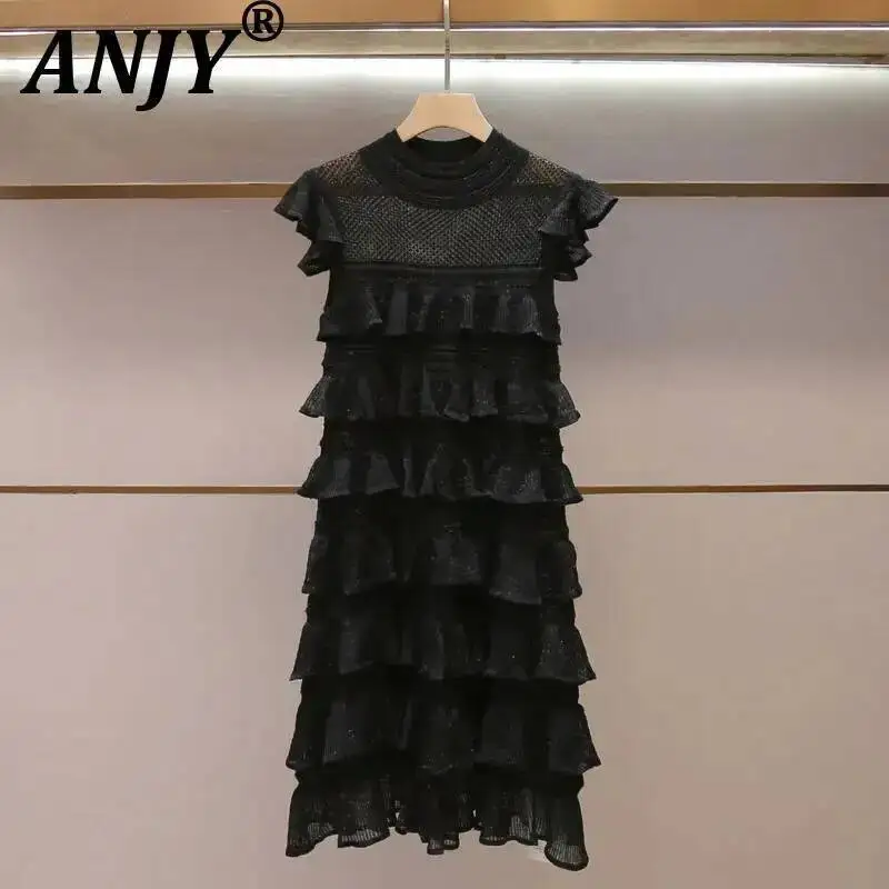 

ANJY Spring Summer New Women High-End Elegant Design Sparkling Flying Sleeve Dresses Trend Fashion Patchwork Tiered Dress A22476