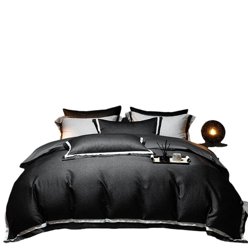 

Satin long-staple cotton craft four-piece set cotton pure cotton light luxury black quilt cover bedding