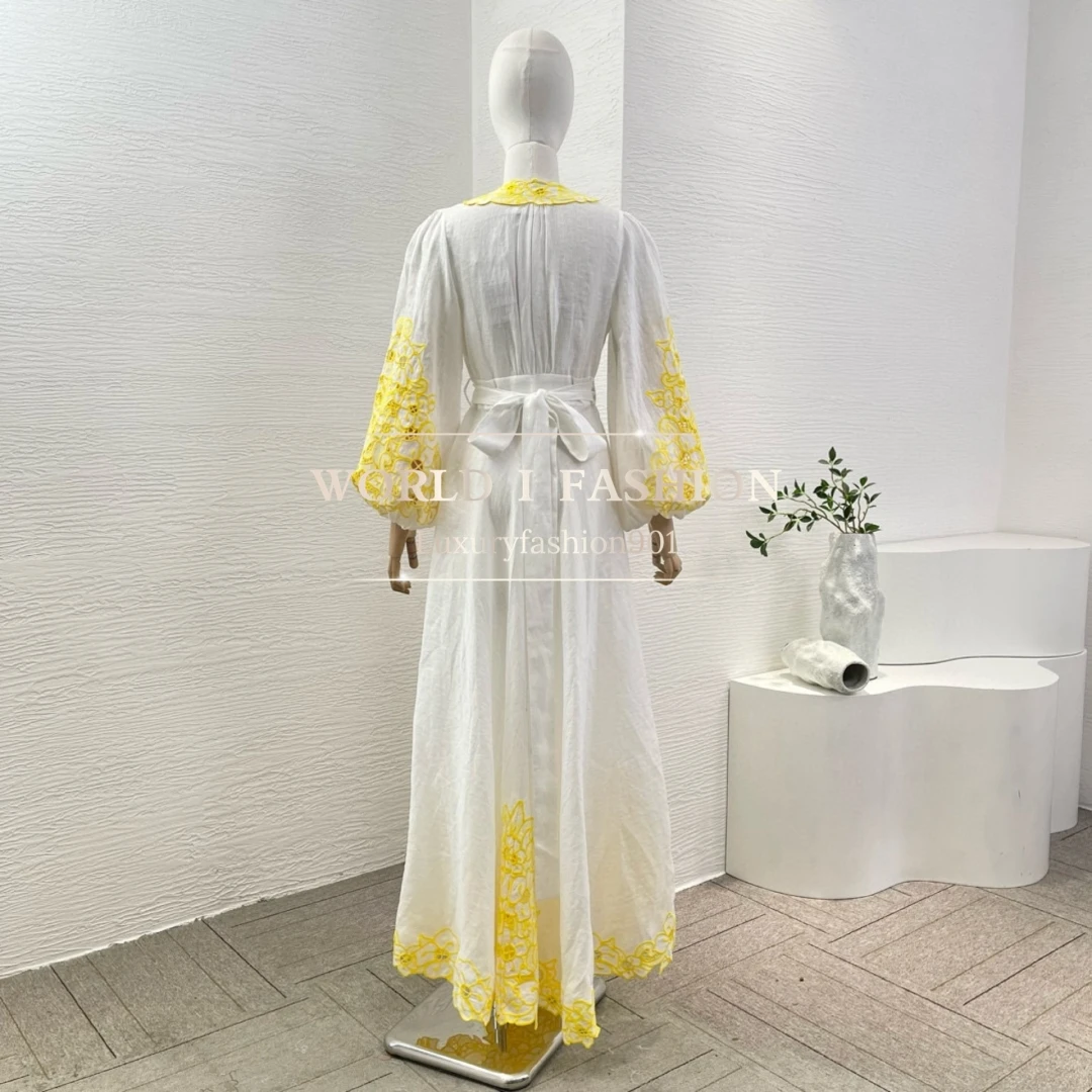 

White Blue Embroidery Floral Long Sleeve Wrap Irregular Hem Maxi Dress 2025