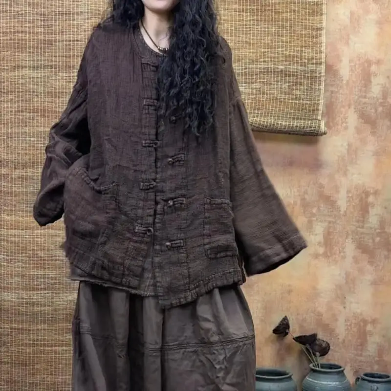 

New Arrival 2025 Autumn Arts Style Women Vintage Single Breasted Loose Jackets High Quality Linen Long Sleeve O-neck Coat MJ410