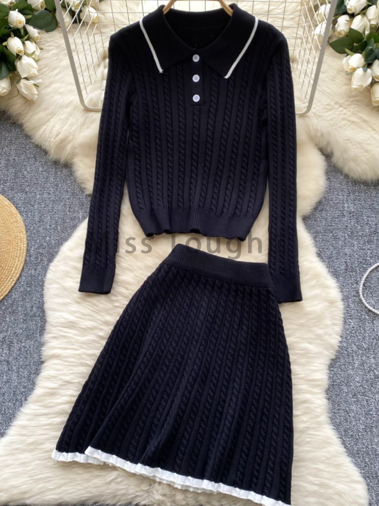 Autumn Vintage Senior Knitted 2 Piece Set Women Design Lapel Sweater + High Waist Skirt Female Casual Pretty Solid Slim Suit New