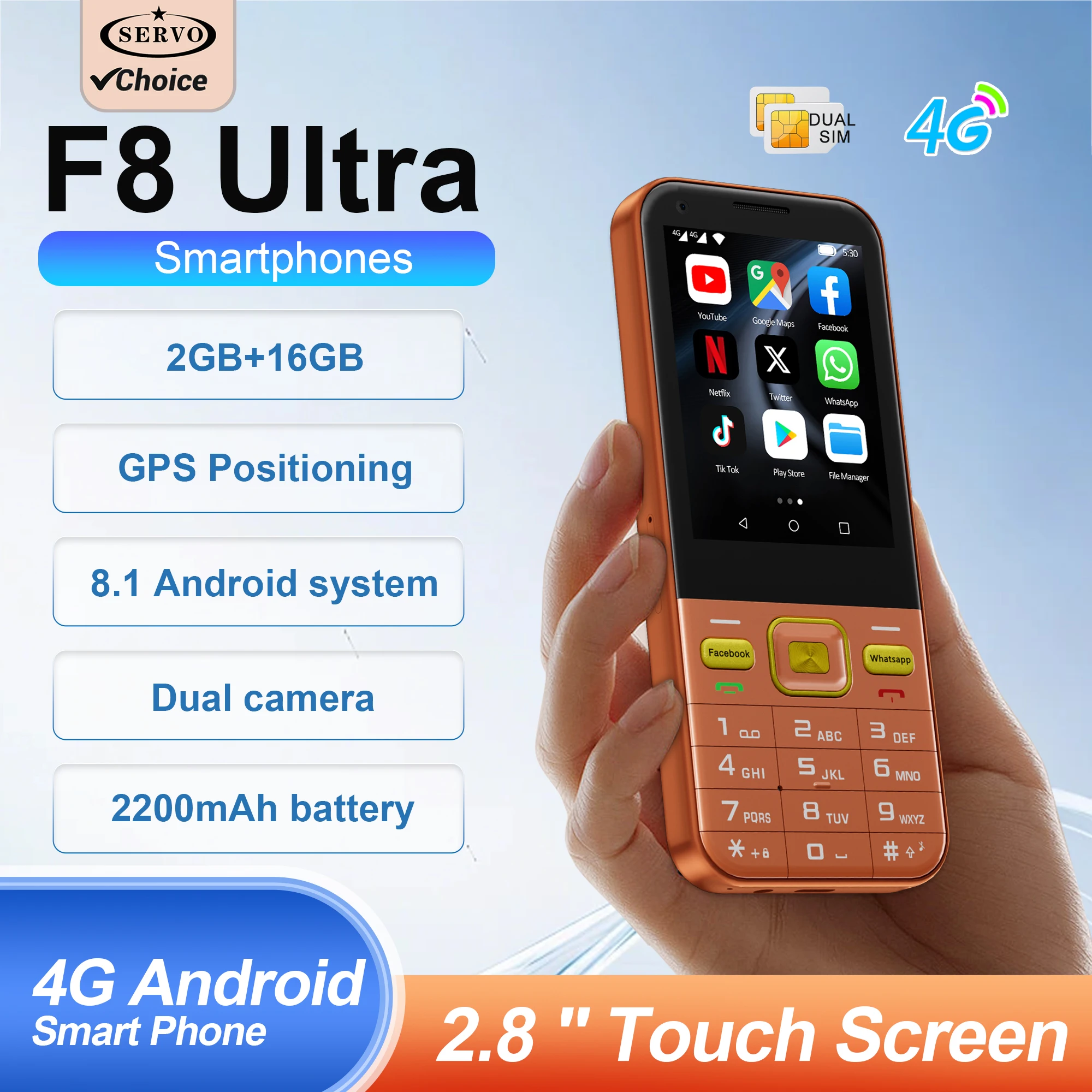 SERVO F8 Ultra Keyboard Android Smartphone 4G LTE Cellular 2.8-inch Touch Display 2GB+16GB Mobile Phones Dual SIM Card GPS WIFI