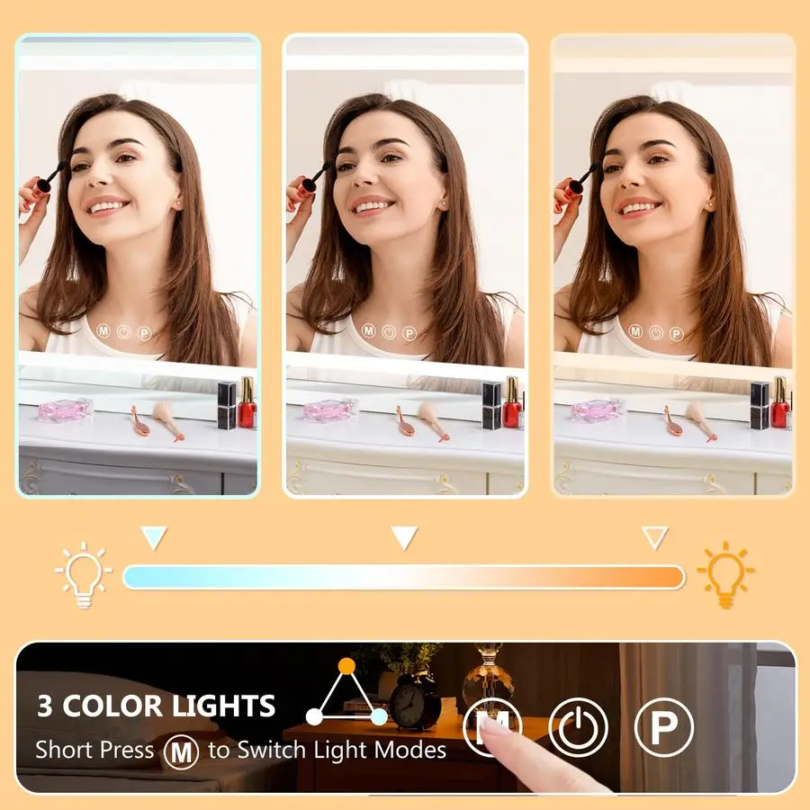 مرآة زينة مع أضواء، مرآة مكياج LED، مرآة مكياج مضاءة مع 3 أضواء قابلة للتعتيم، تحكم ذكي بشاشة تعمل باللمس، Al #3