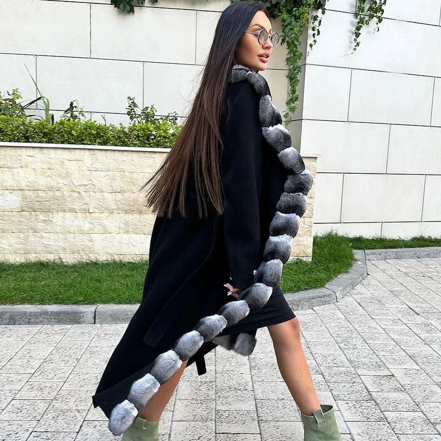 Echt Kaschmir Mantel Winter Wolle Mantel Frauen Lange Pelz Jacke Natürliche Rex Kaninchen Fell Colla Mode Warm