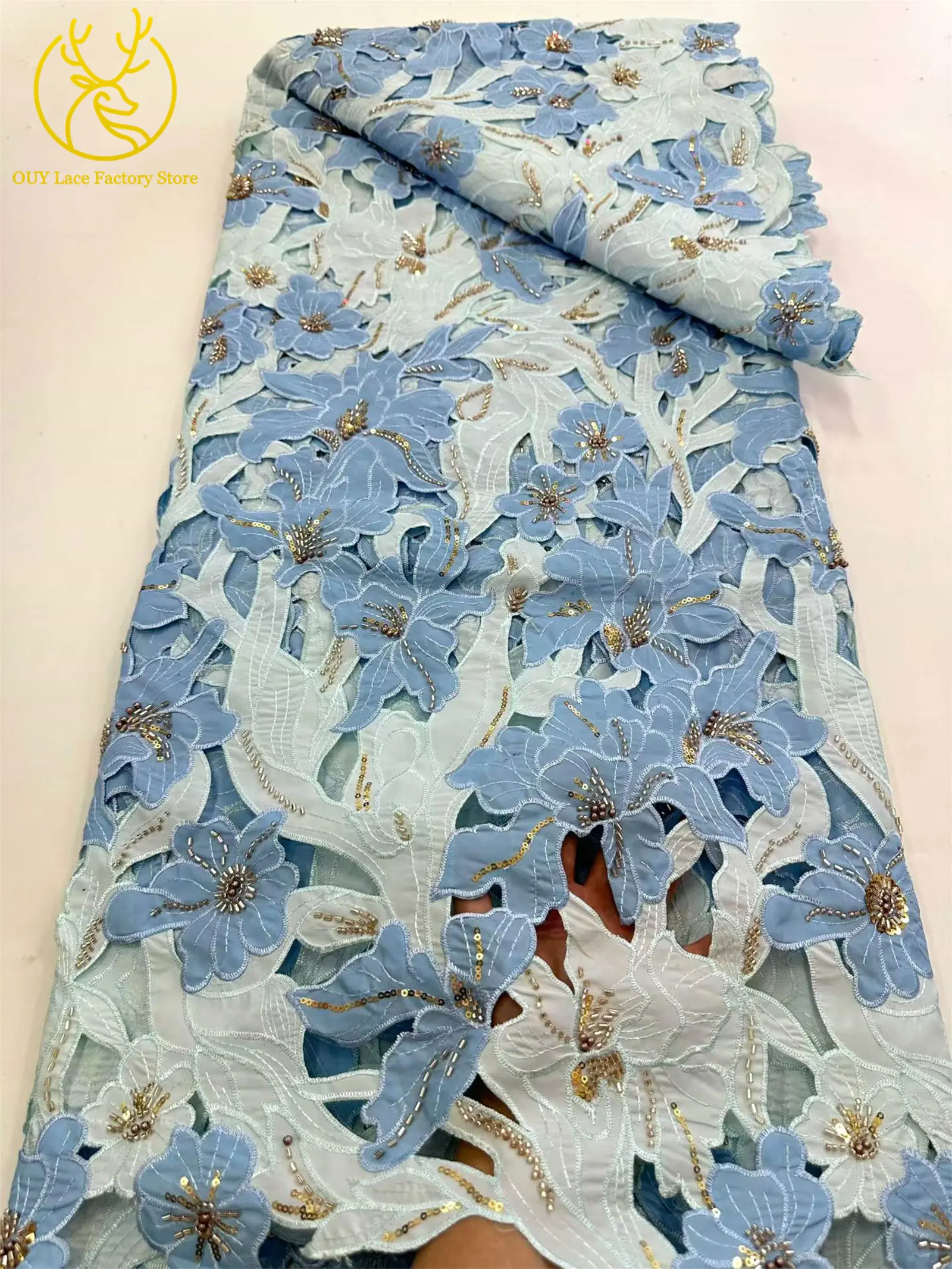 Modischer Afrikanischer Schwer Perlenverzierter Spitzenstoff 2026 Bestseller Französische Pailletten Chiffon-Spitze für Damen-Partykleider Nähmaterial – Detail 9