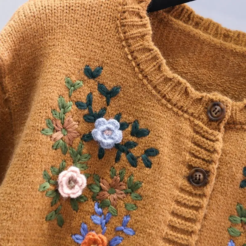 Design Chic Cardigan Knit Coats Single Breasted Flower Embroidery Pockets Sweaters All Match Vintage Autumn Loose Women Clothing