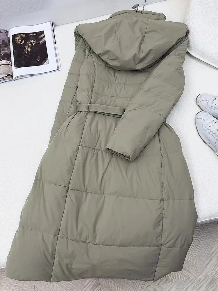 Vintage double-head zipper hooded strap waist long down jacket 2024 winter women's new fashion thickened warm down jacket