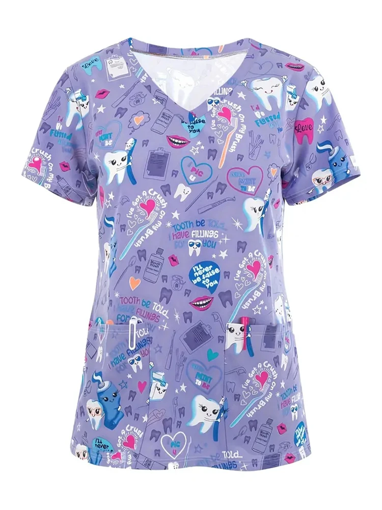 

Heart Print V Neck Scrub Top T-shirt, Casual Short Sleeve Patch Pockets Women's Medical Nurse Uniform, Women's Work Wear