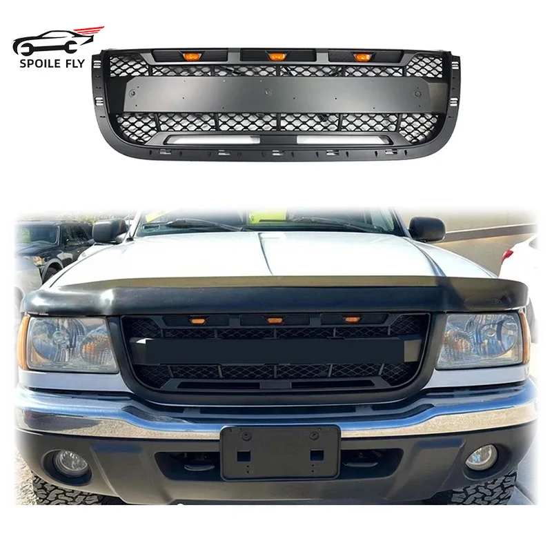 

Premium ABS Racing Grille for Ford Ranger 2001-2003, Black Replacement Hood Grill with 3 LED Lights